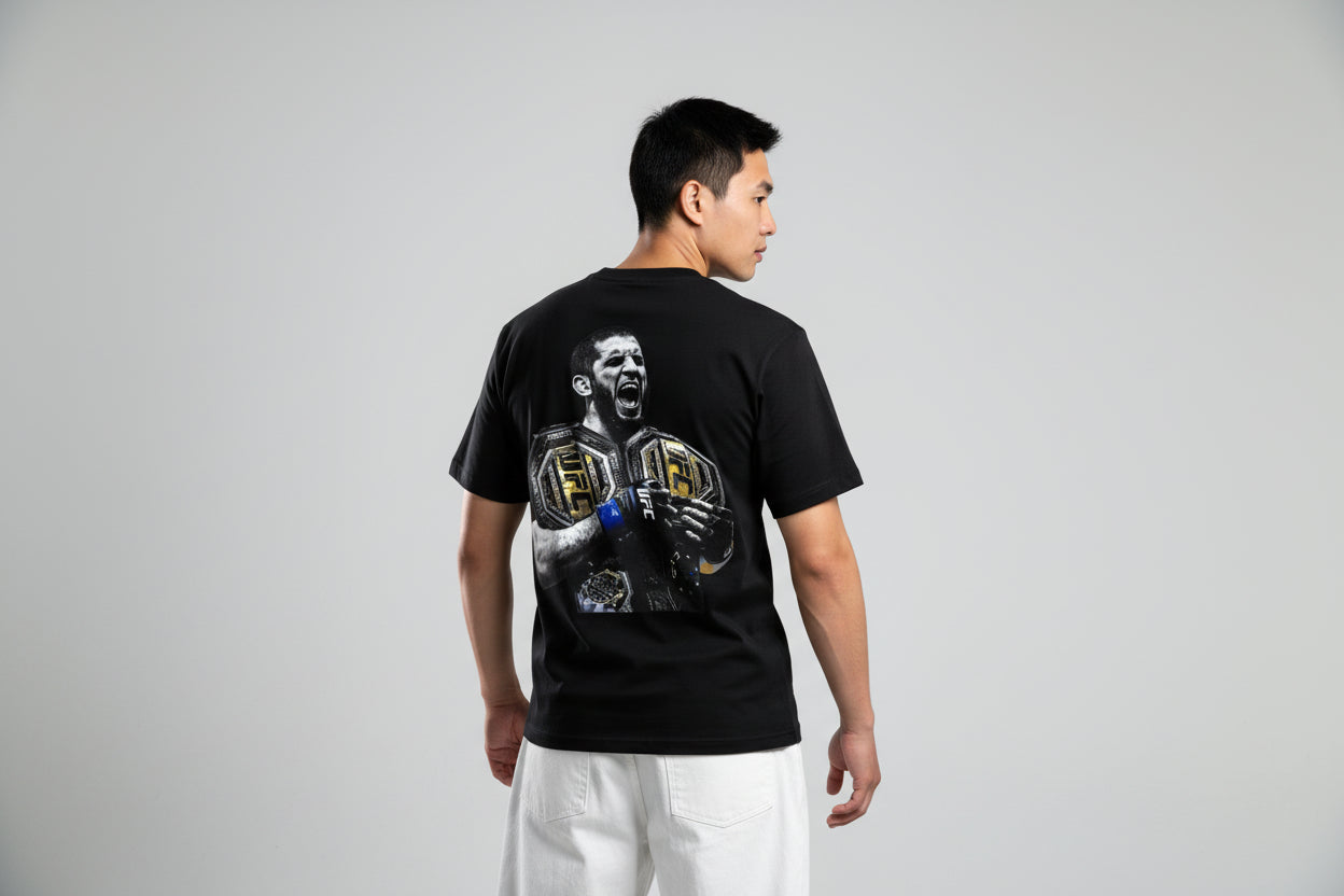 Black t-shirt with 'RESILIENT' text on front and UFC graphic on back, Eslam MMA fighter t shirt